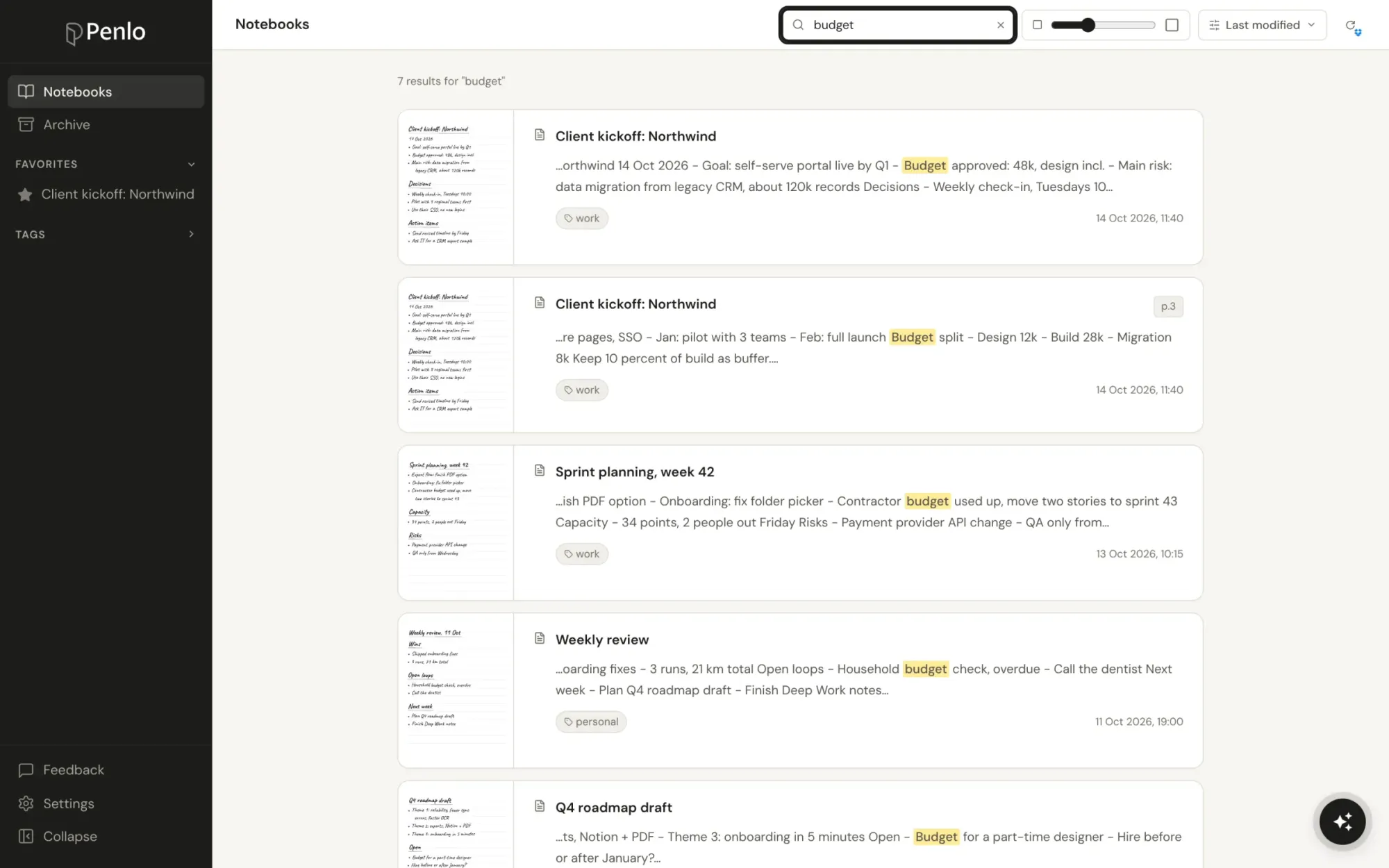 Penlo search results across several handwritten notebooks