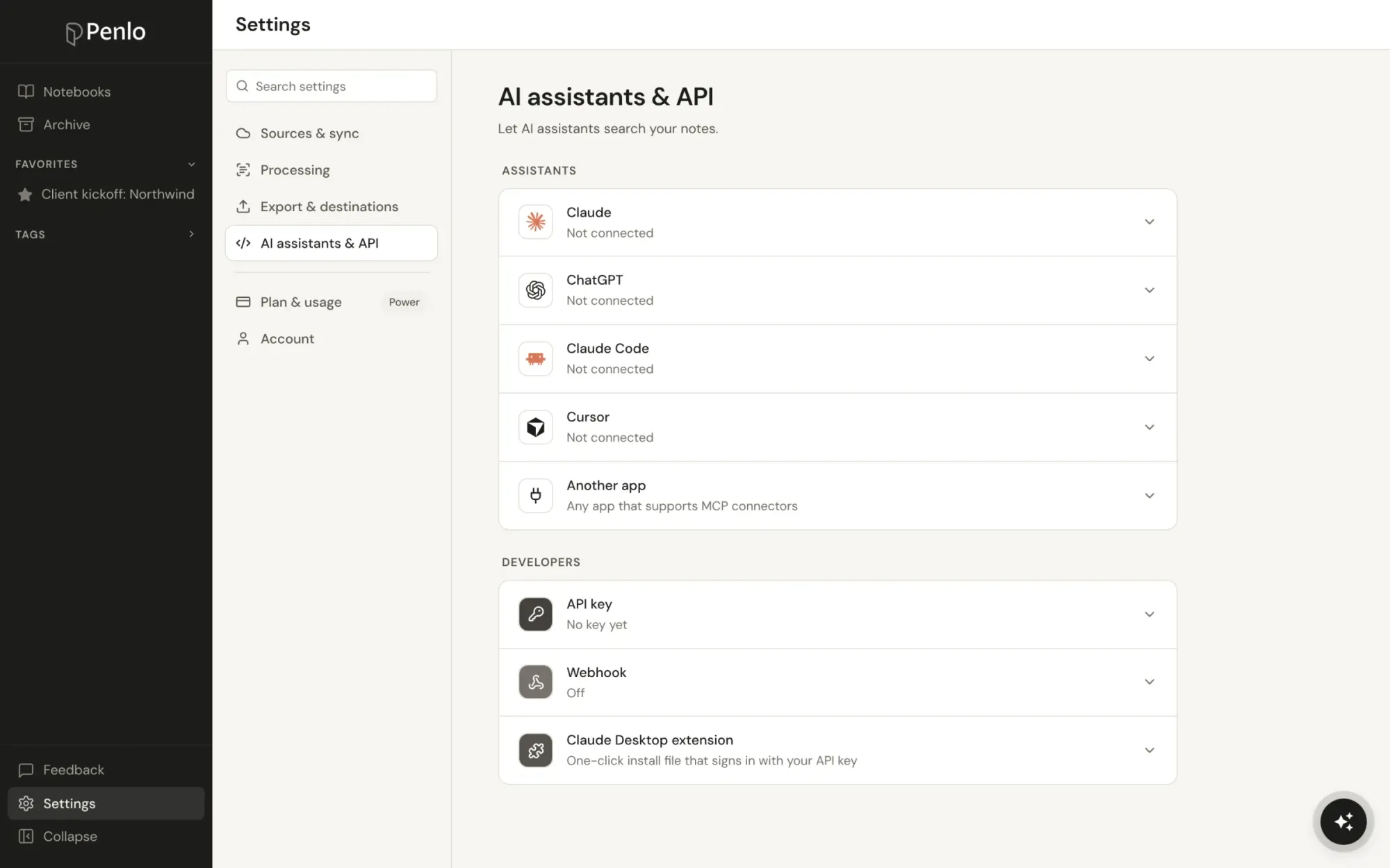 Penlo's AI assistant settings with connectors for Claude and ChatGPT