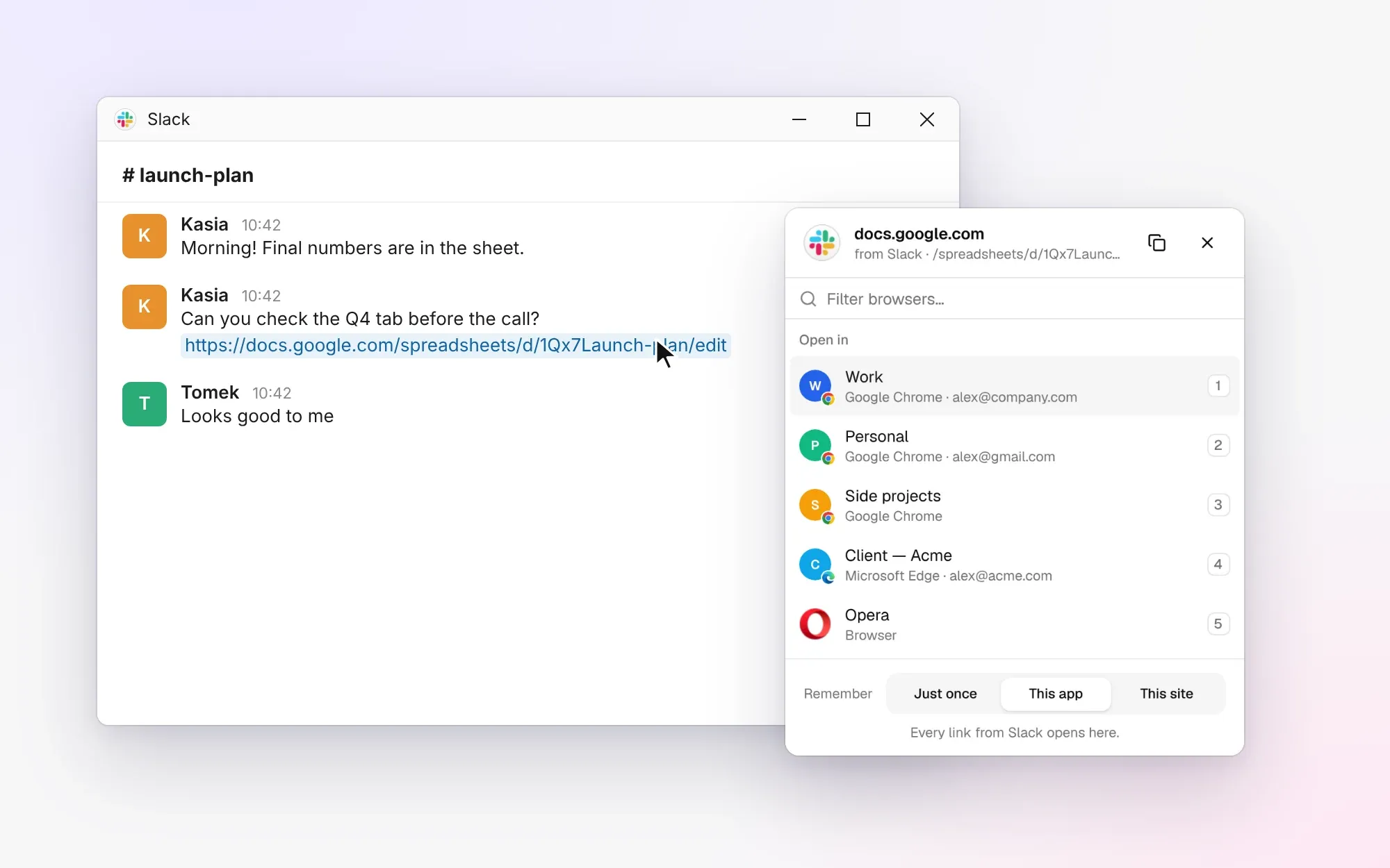 Junction's picker next to a Slack link, listing Chrome and Edge profiles to open it in