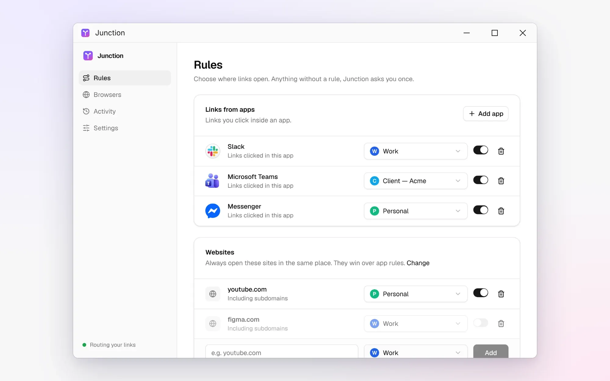 Junction's Rules screen with rules for Slack, Microsoft Teams, Messenger and youtube.com
