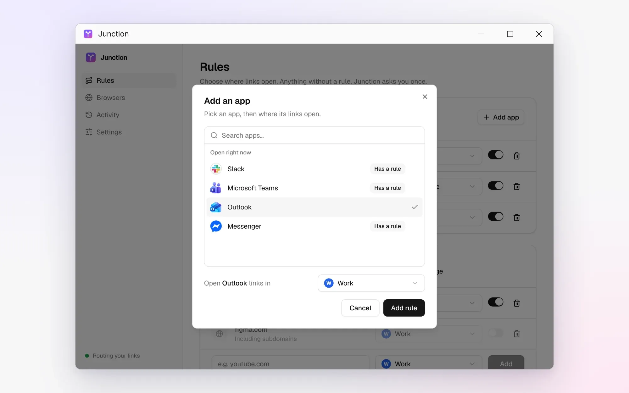 The Add an app dialog listing Slack, Microsoft Teams, Outlook and Messenger