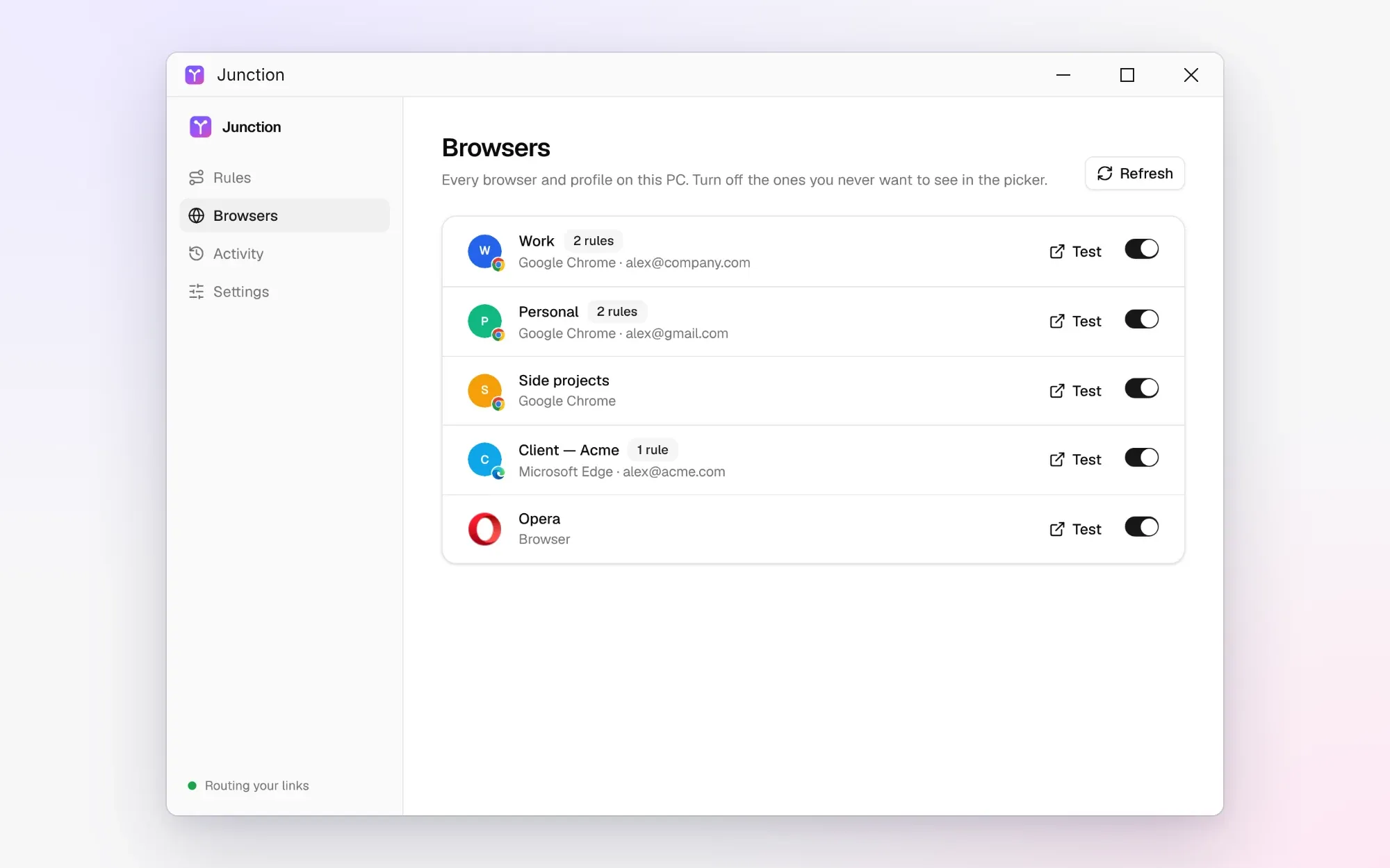 Junction's Browsers screen listing Chrome, Edge and Opera profiles with on and off switches
