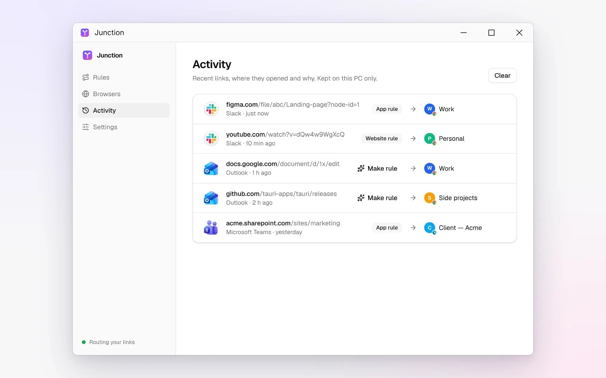 Junction's Activity screen showing recent links, the apps they came from and the profiles they opened in