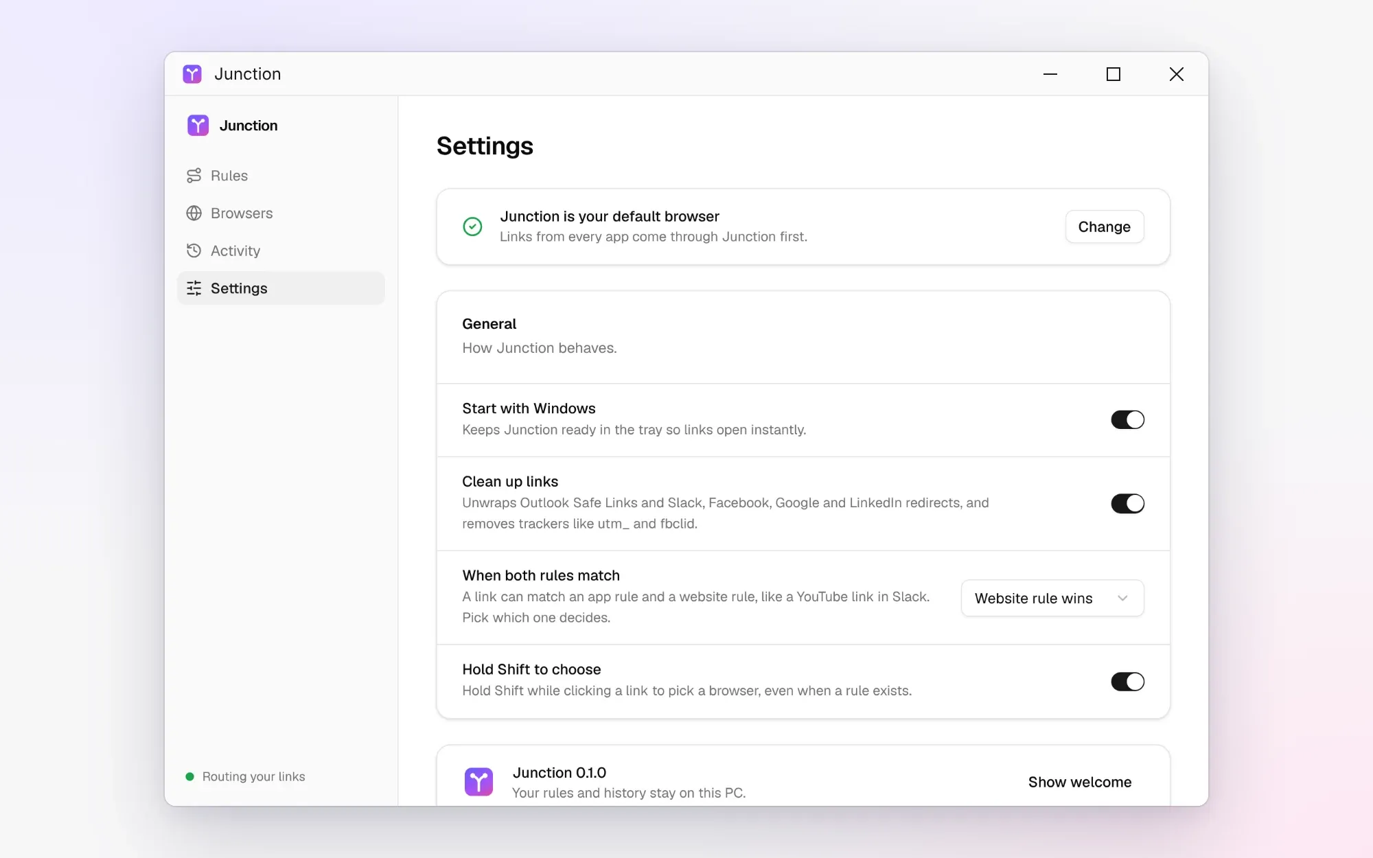 Junction's Settings screen with options for starting with Windows, cleaning links and rule priority