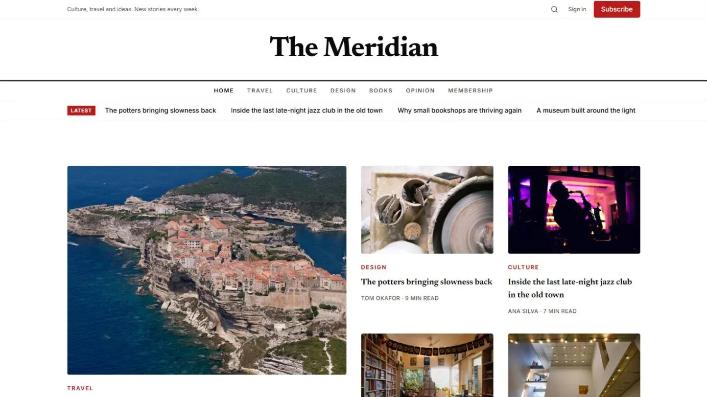 The Meridian, a magazine theme with section navigation and a front page of stories