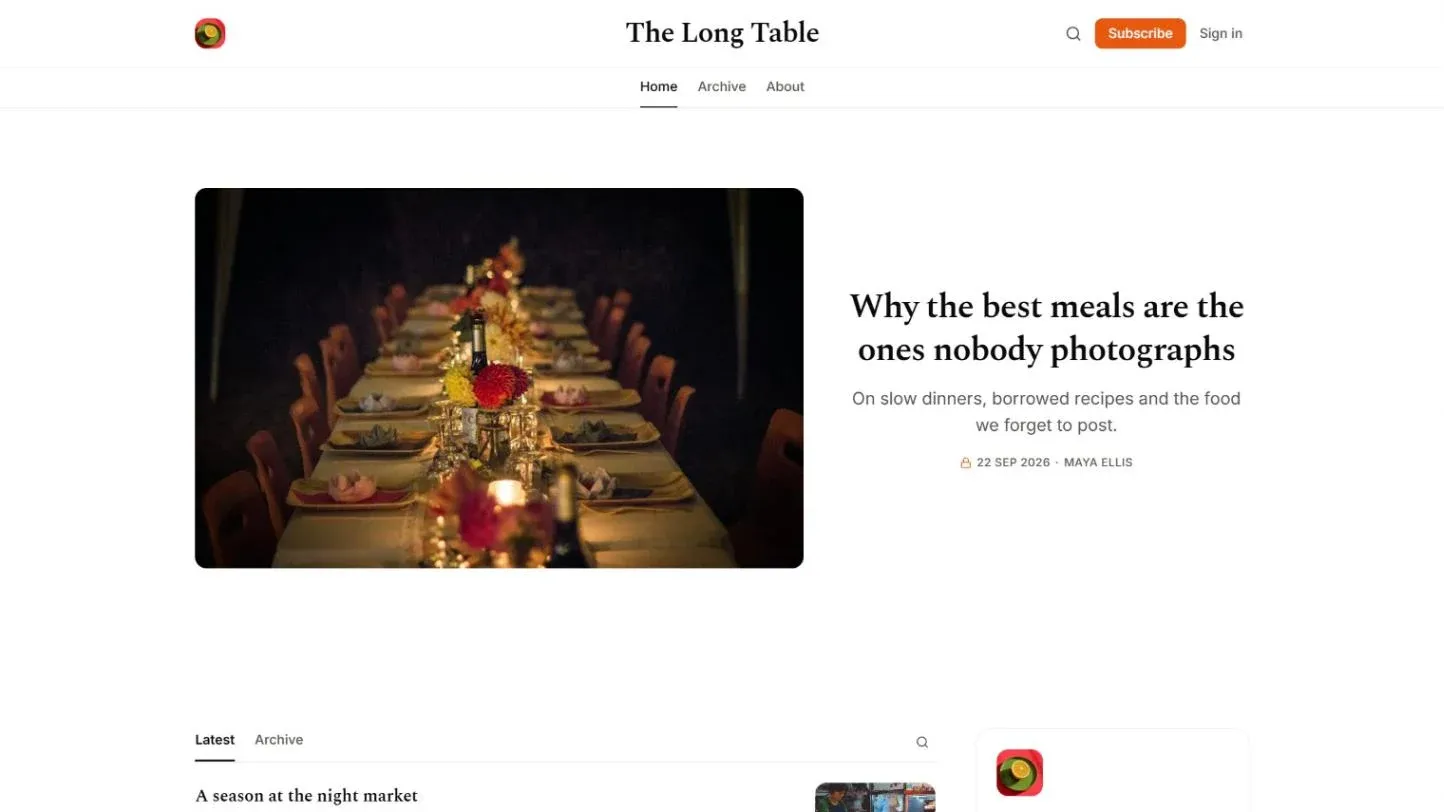 The Long Table, a Substack-style newsletter theme