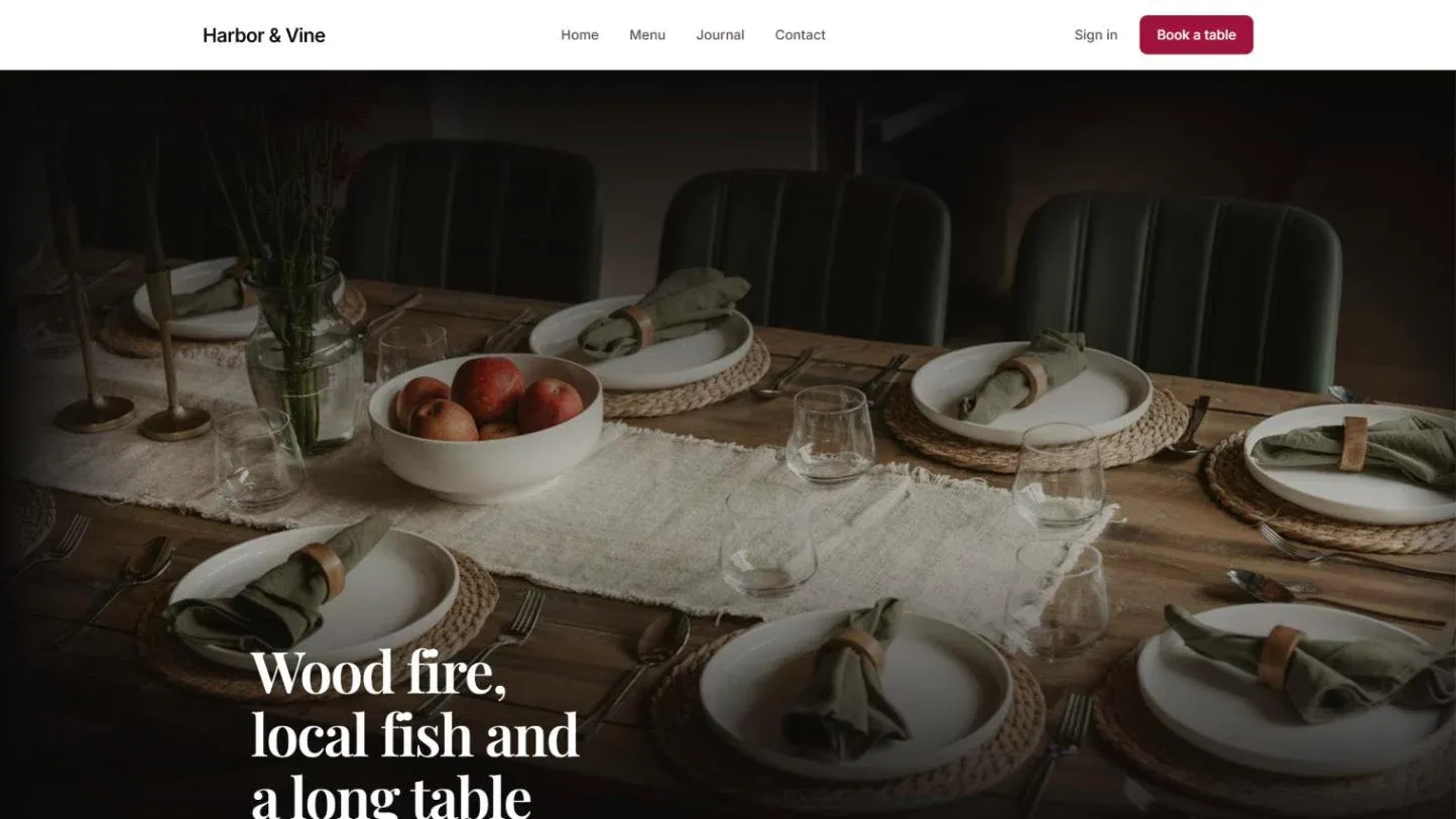 Harbor and Vine, a restaurant theme with a table booking button