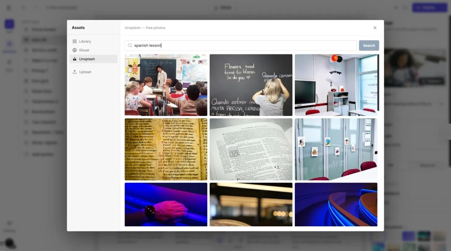 Unsplash photo search inside the editor