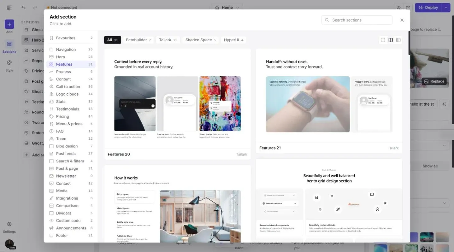 Add section library with categories and section previews