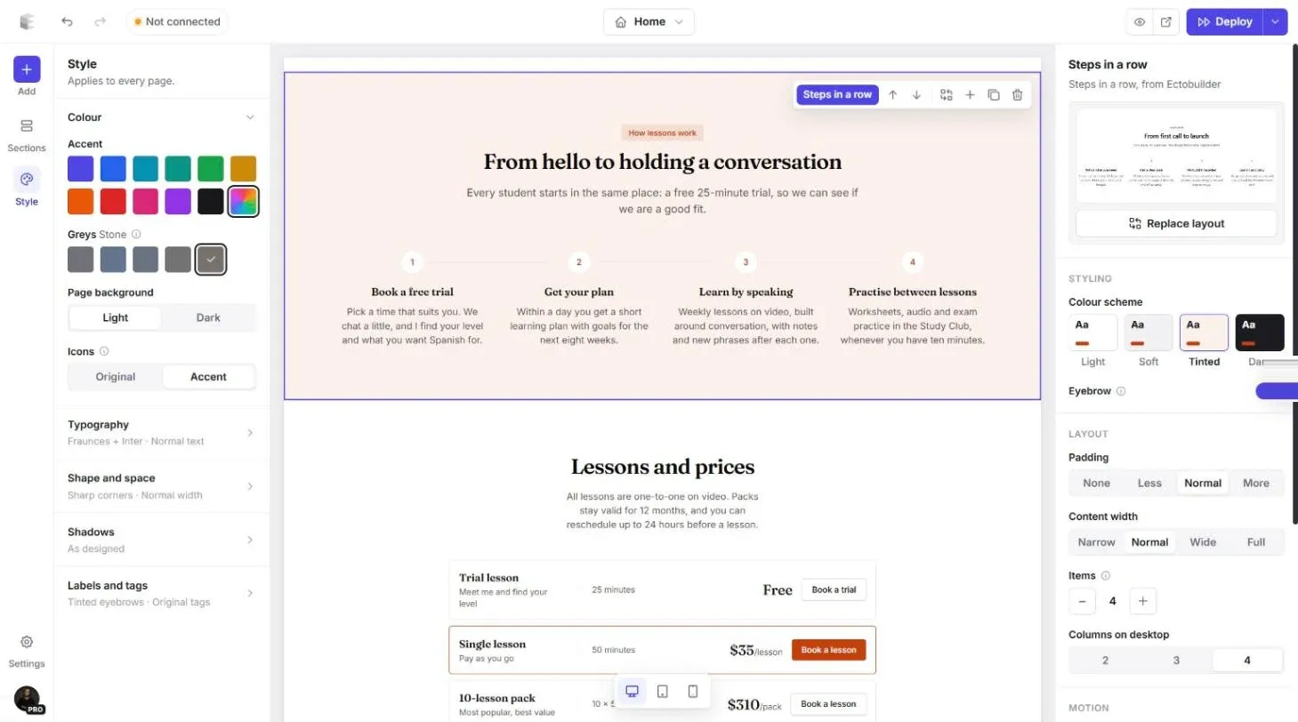 Style panel with accent colours, greys and page background