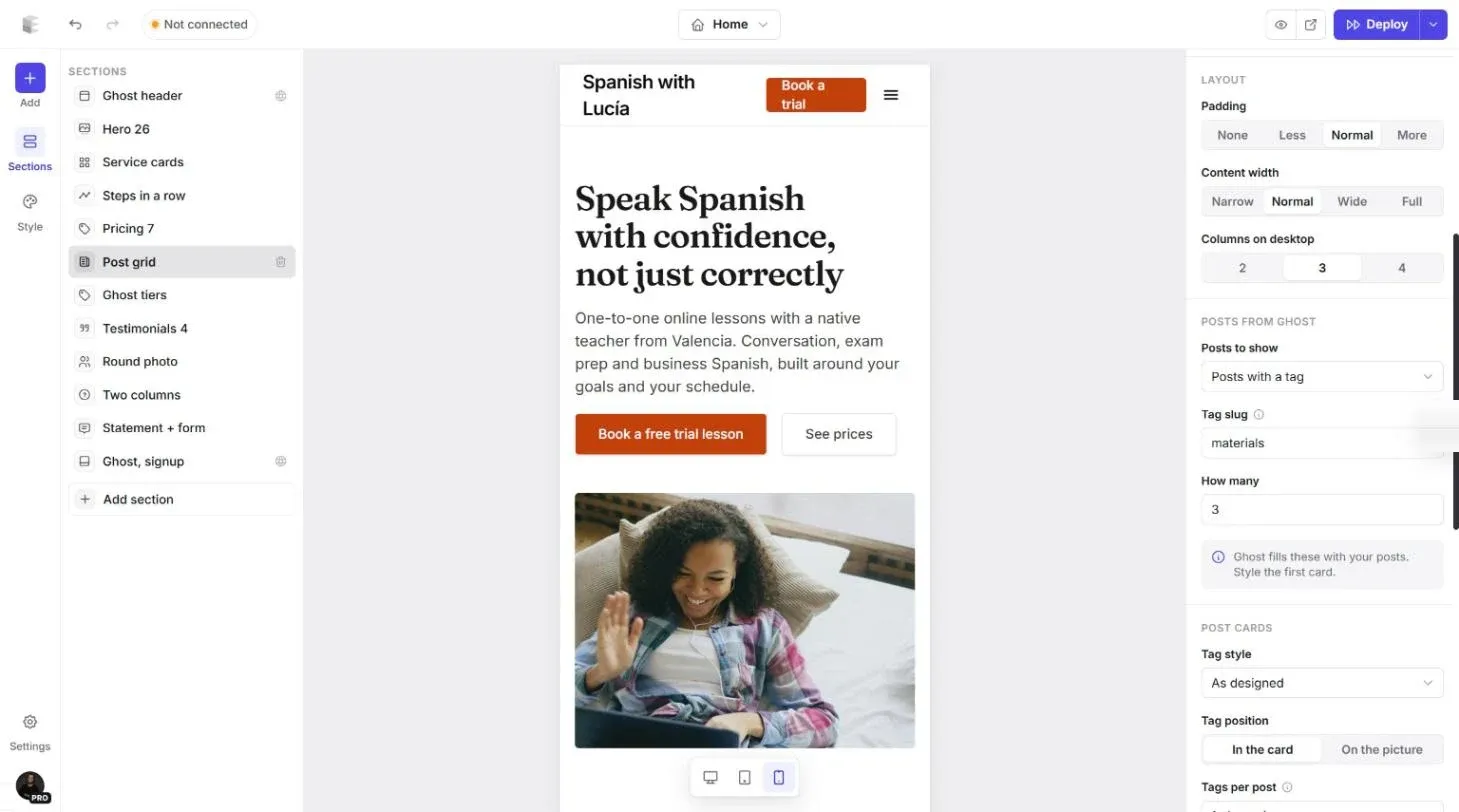 The homepage shown at phone width in the editor