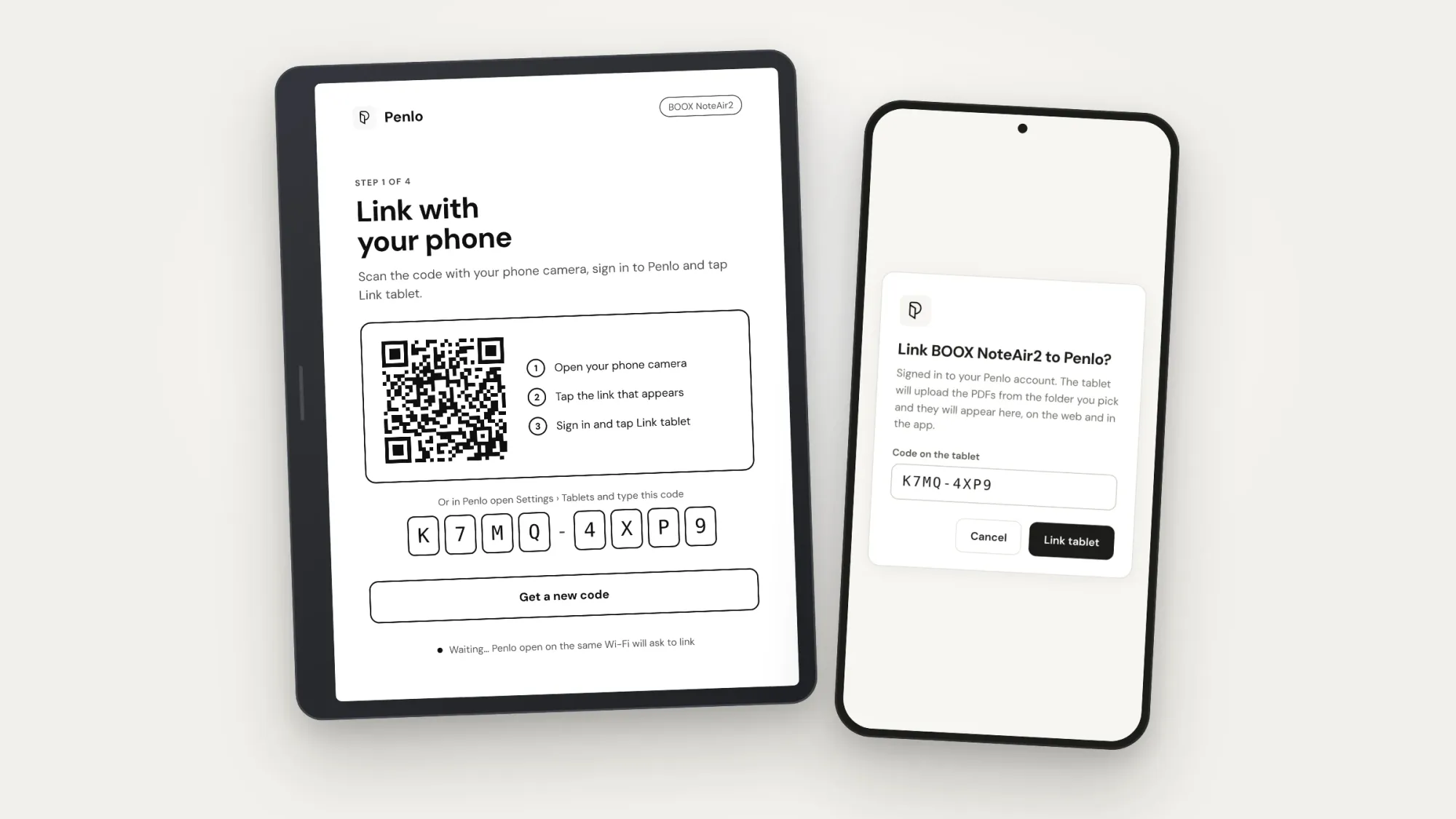 A BOOX tablet showing a QR code and an 8-character code, with a phone scanning it