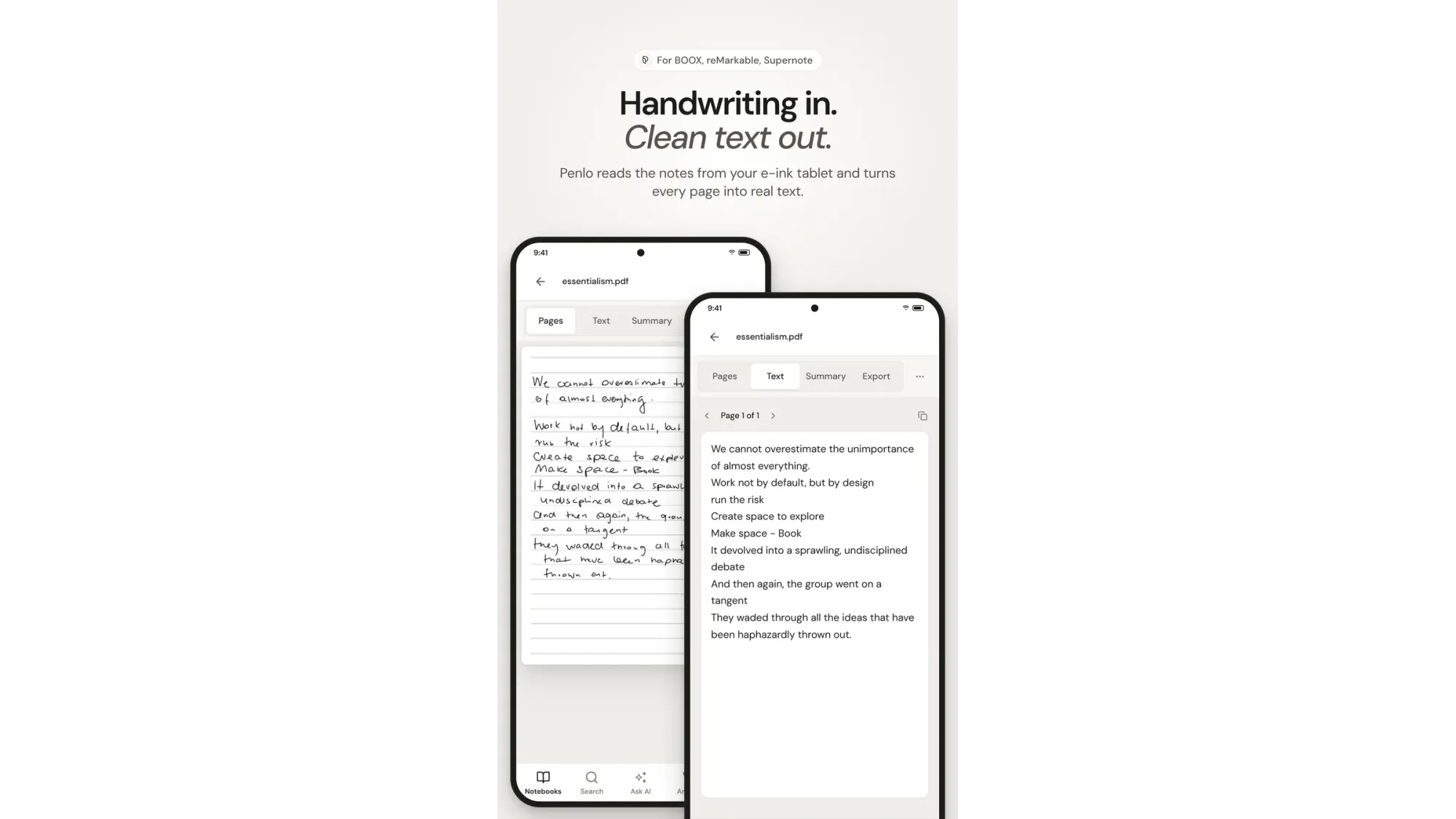 Penlo on a phone showing a handwritten page and its clean text