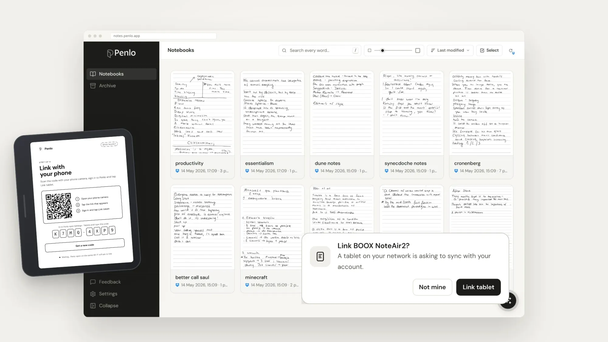 Penlo in a browser asking whether to link a nearby BOOX NoteAir2 tablet