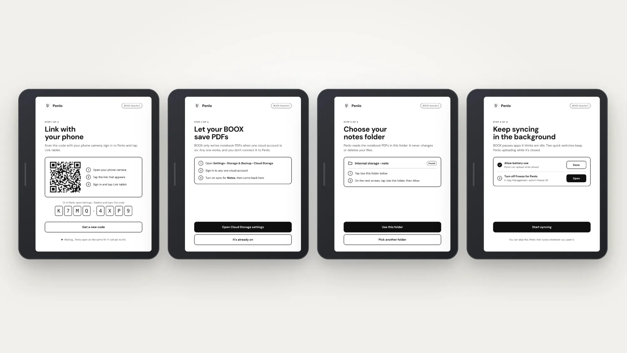 The four Penlo setup screens on a BOOX tablet: link, save PDFs, choose folder, background sync