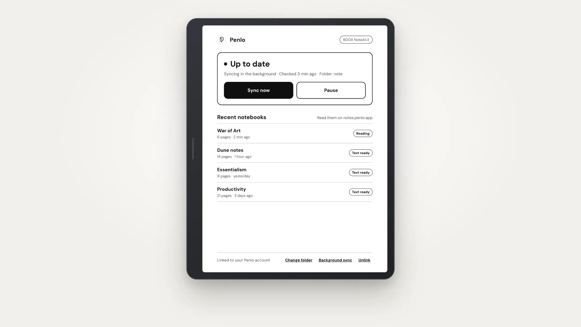 Penlo's status screen on a BOOX tablet after setup