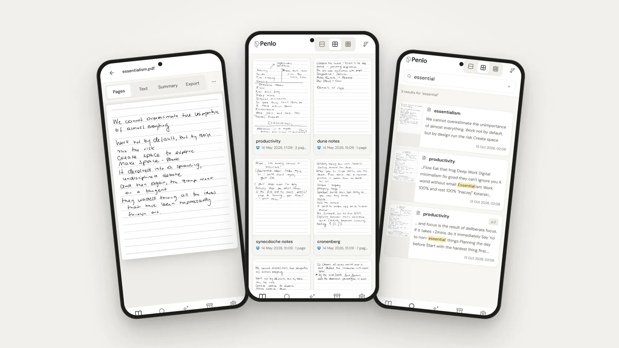 Three phones showing a handwritten page with its text, the notebook grid and search results