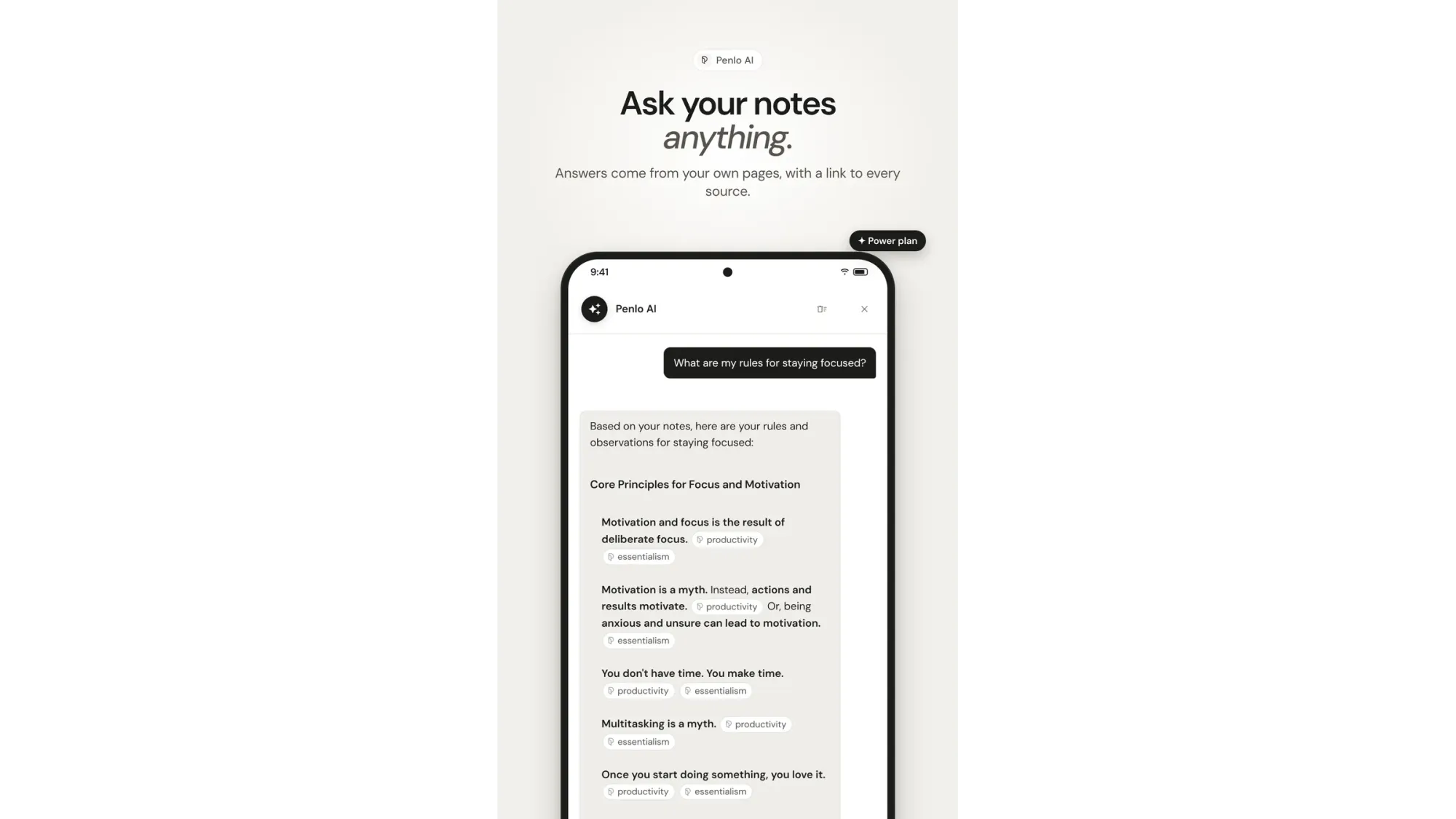 Phone screenshot of Penlo AI with the headline Ask your notes anything