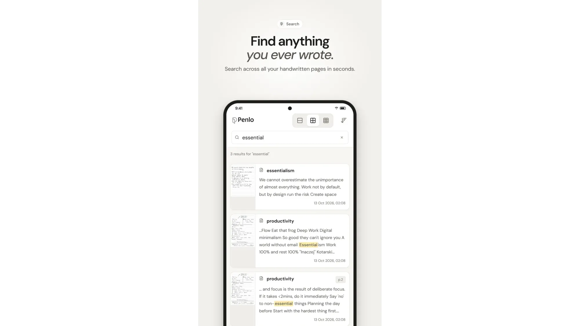 Phone screenshot of Penlo search with the headline Find anything you ever wrote