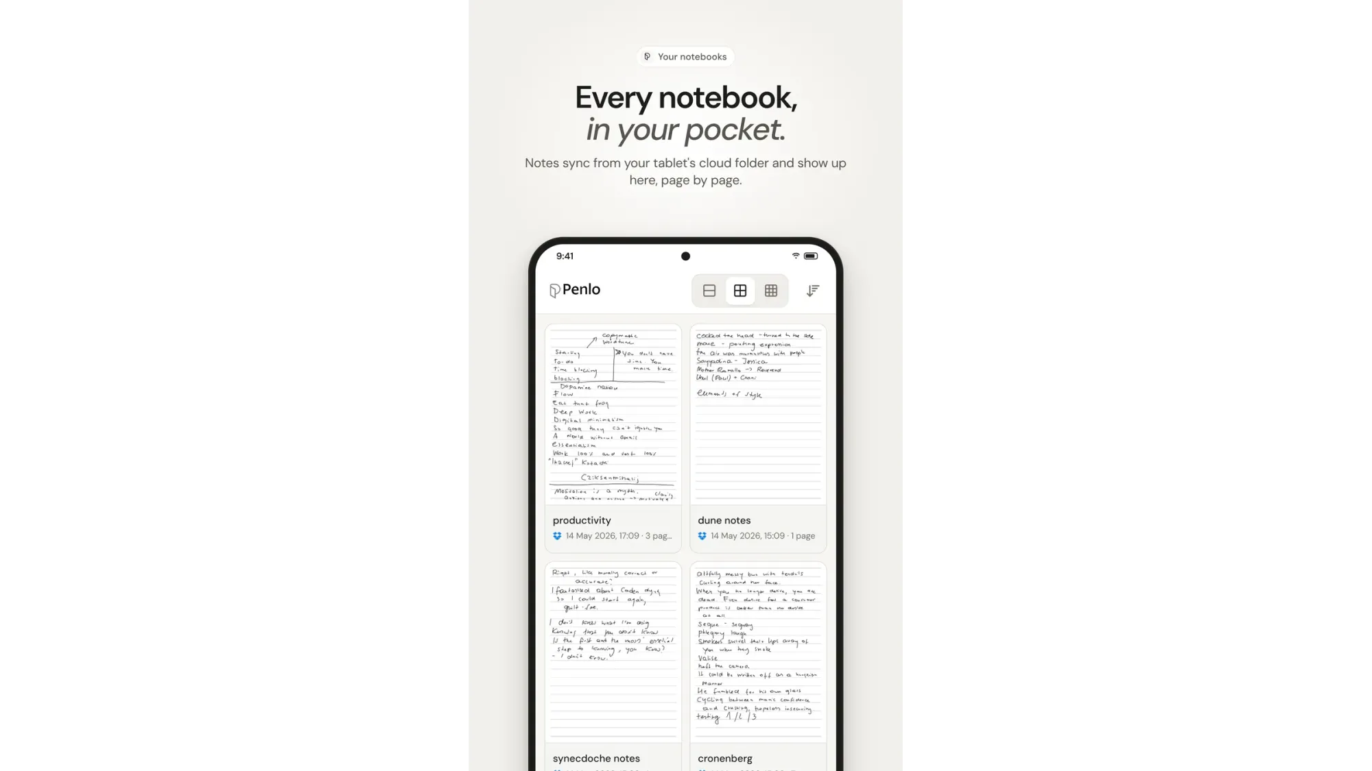 Phone screenshot with the headline Every notebook, in your pocket