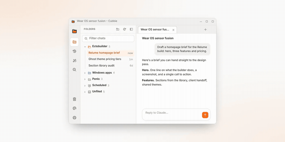 Cubbie on claude.ai: folders on the left, chats in tabs, and the Ctrl K switcher finding a chat