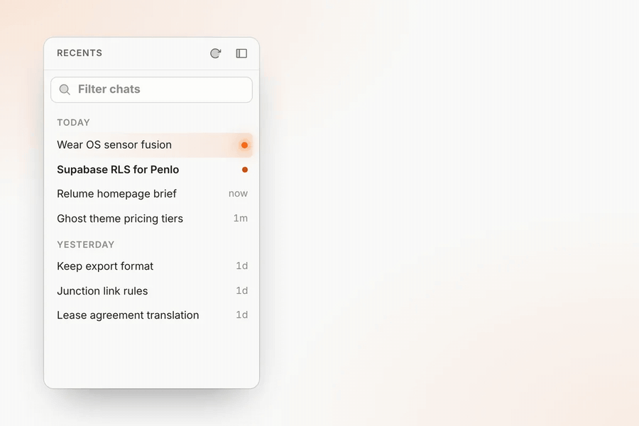 Recents with a glowing chat while a reply is written and a notification when it finishes