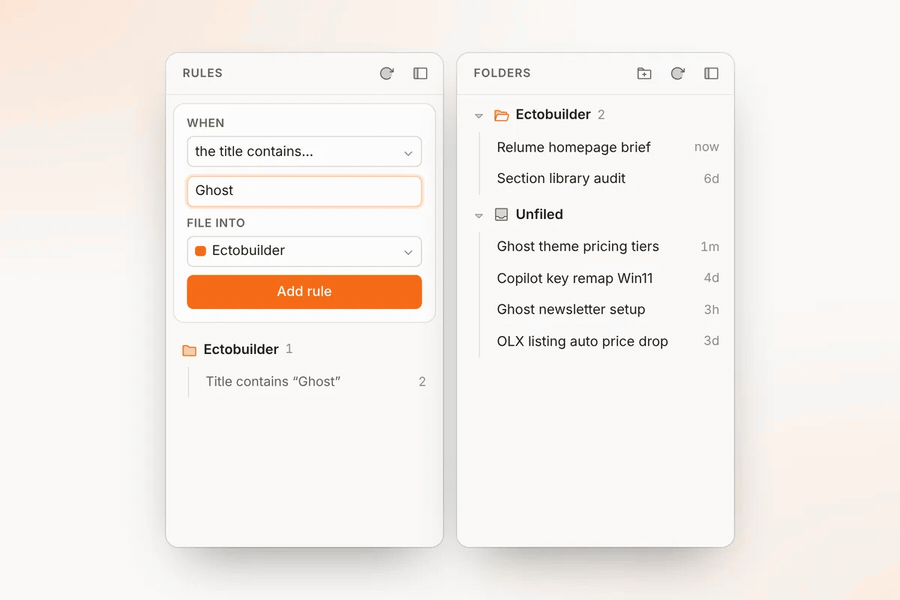 An auto-file rule moving matching chats into a folder