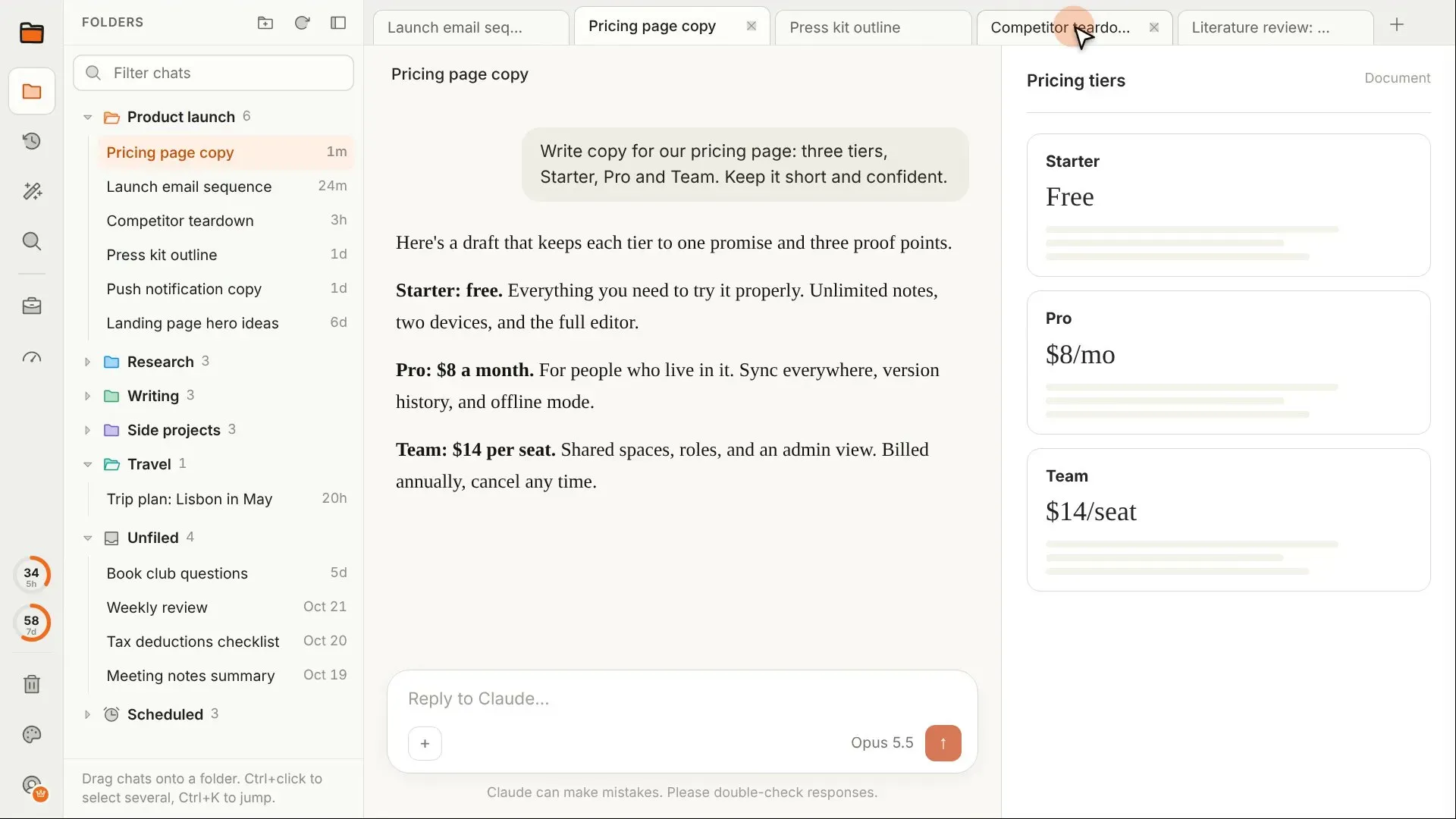 Cubbie's folder sidebar and tab strip on claude.ai, with a chat and an artifact open