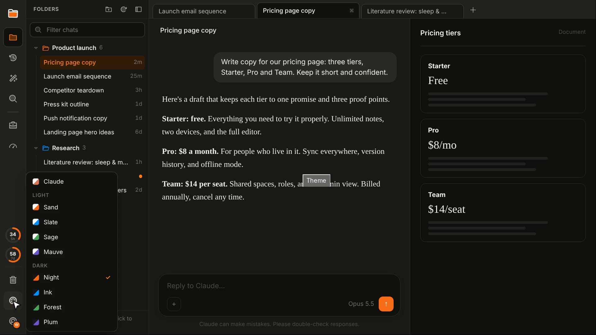 Cubbie's theme menu open in the Night theme, listing light and dark themes