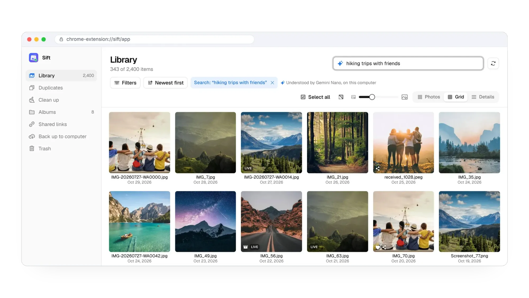 Ask Sift with the query hiking trips with friends, showing the search it set and matching photos