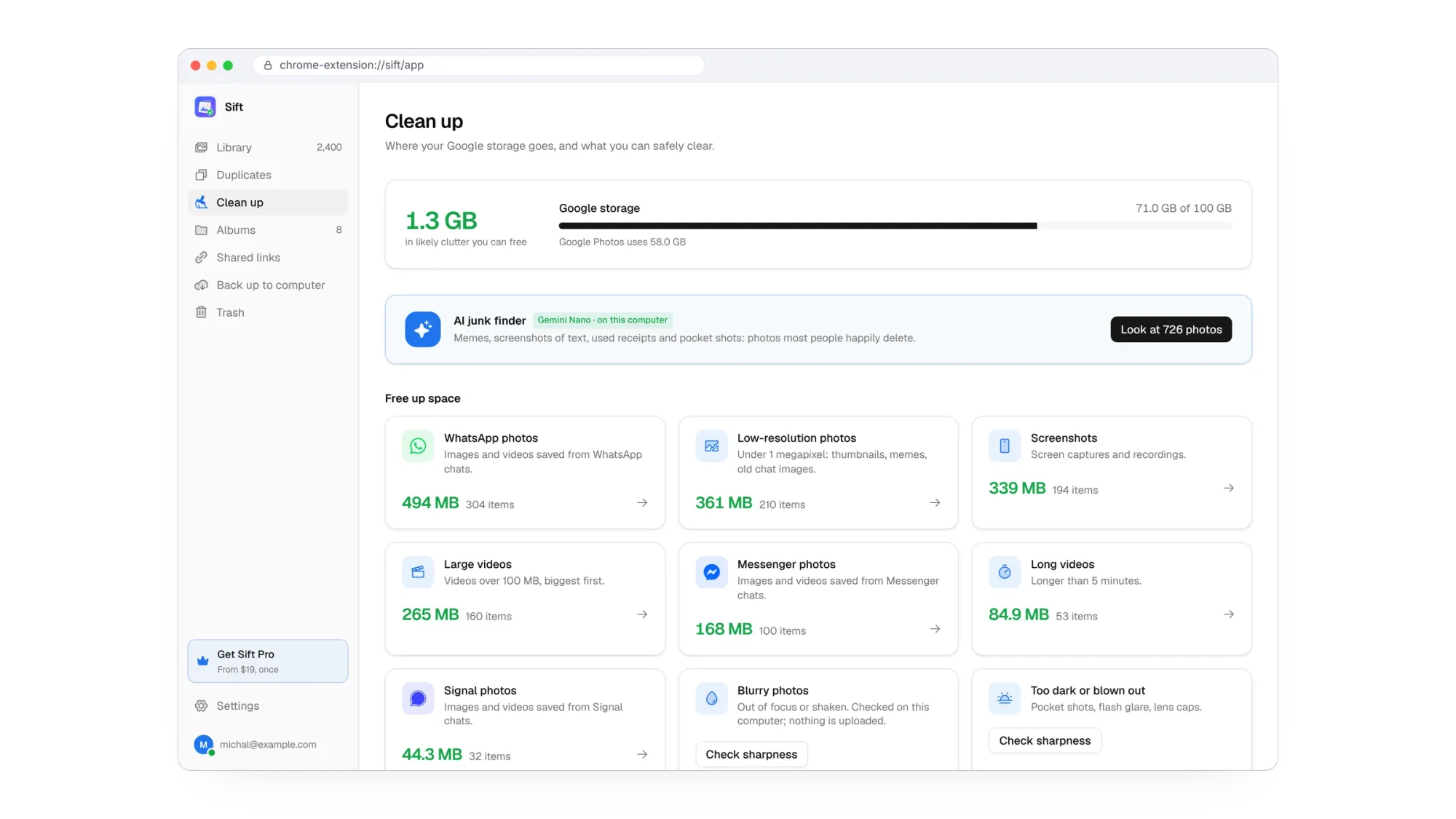 Sift Clean up page showing 1.3 GB of likely clutter and categories like WhatsApp photos, screenshots and large videos