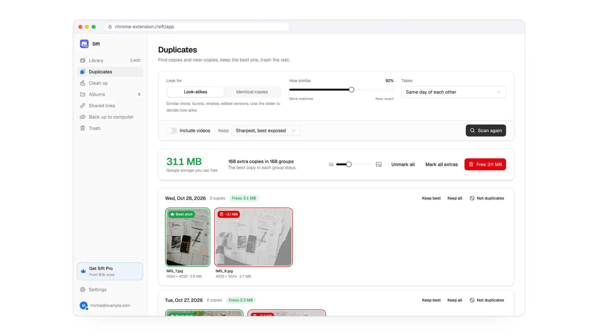Sift Duplicates view: 311 MB in 168 groups, best shot kept and the copy marked