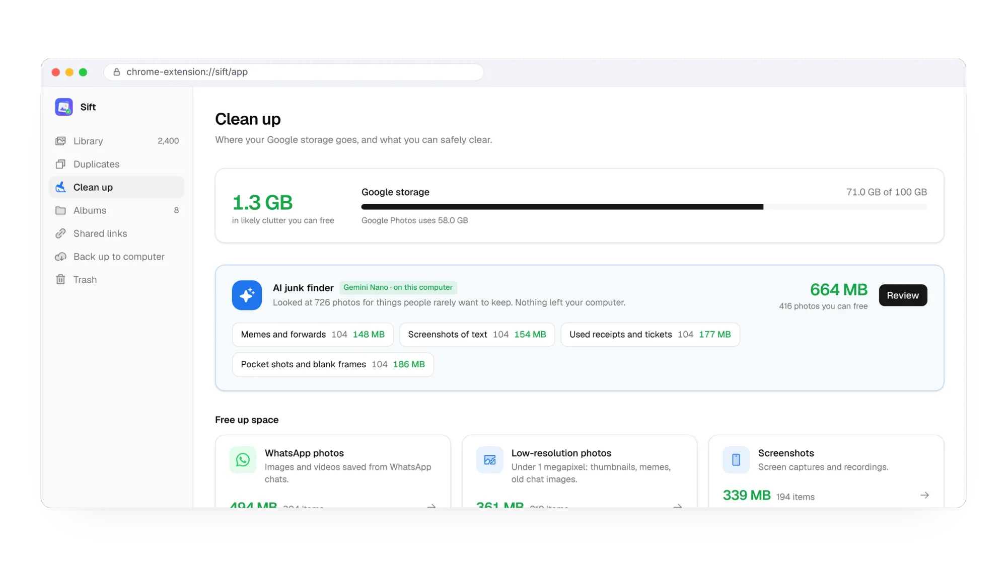 Sift AI junk finder: 664 MB of likely junk in memes, screenshots of text, used receipts and pocket shots