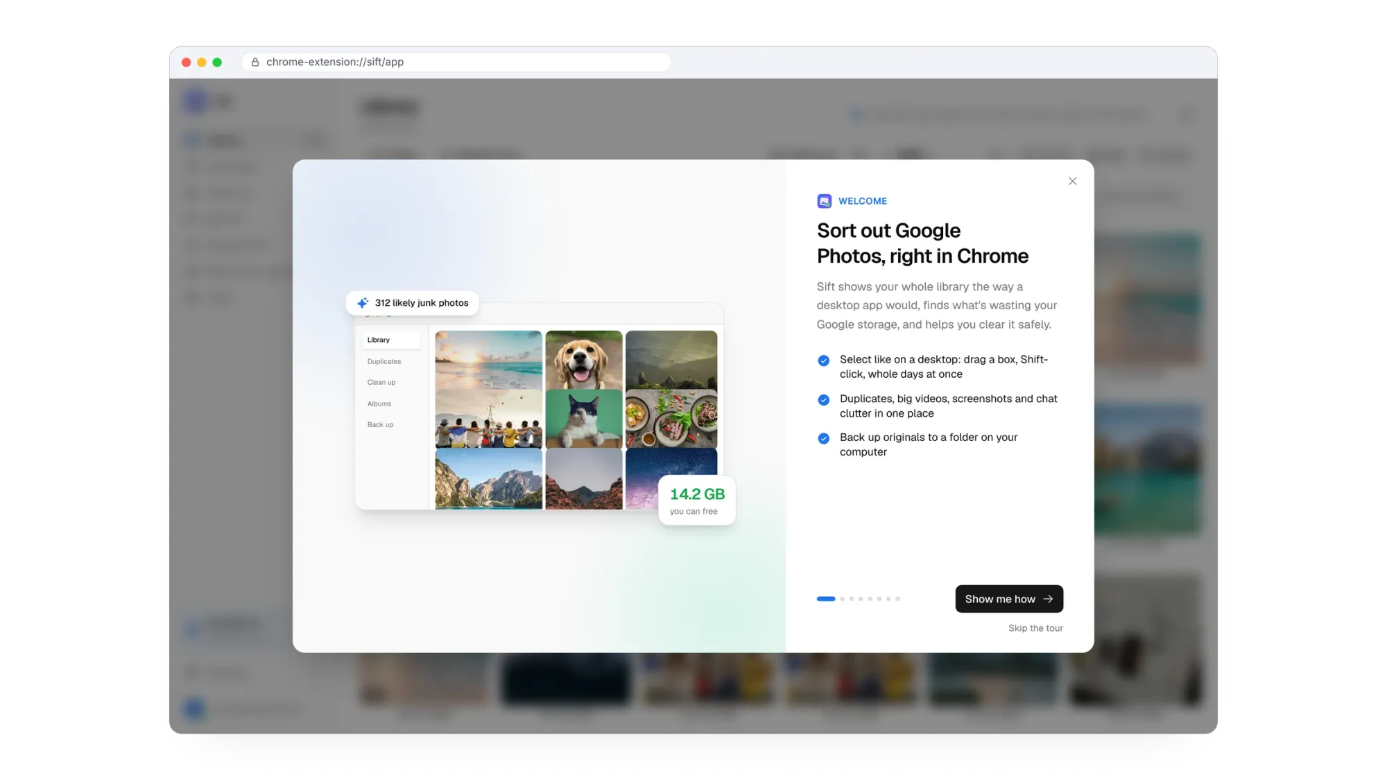 Sift welcome screen: sort out Google Photos, right in Chrome