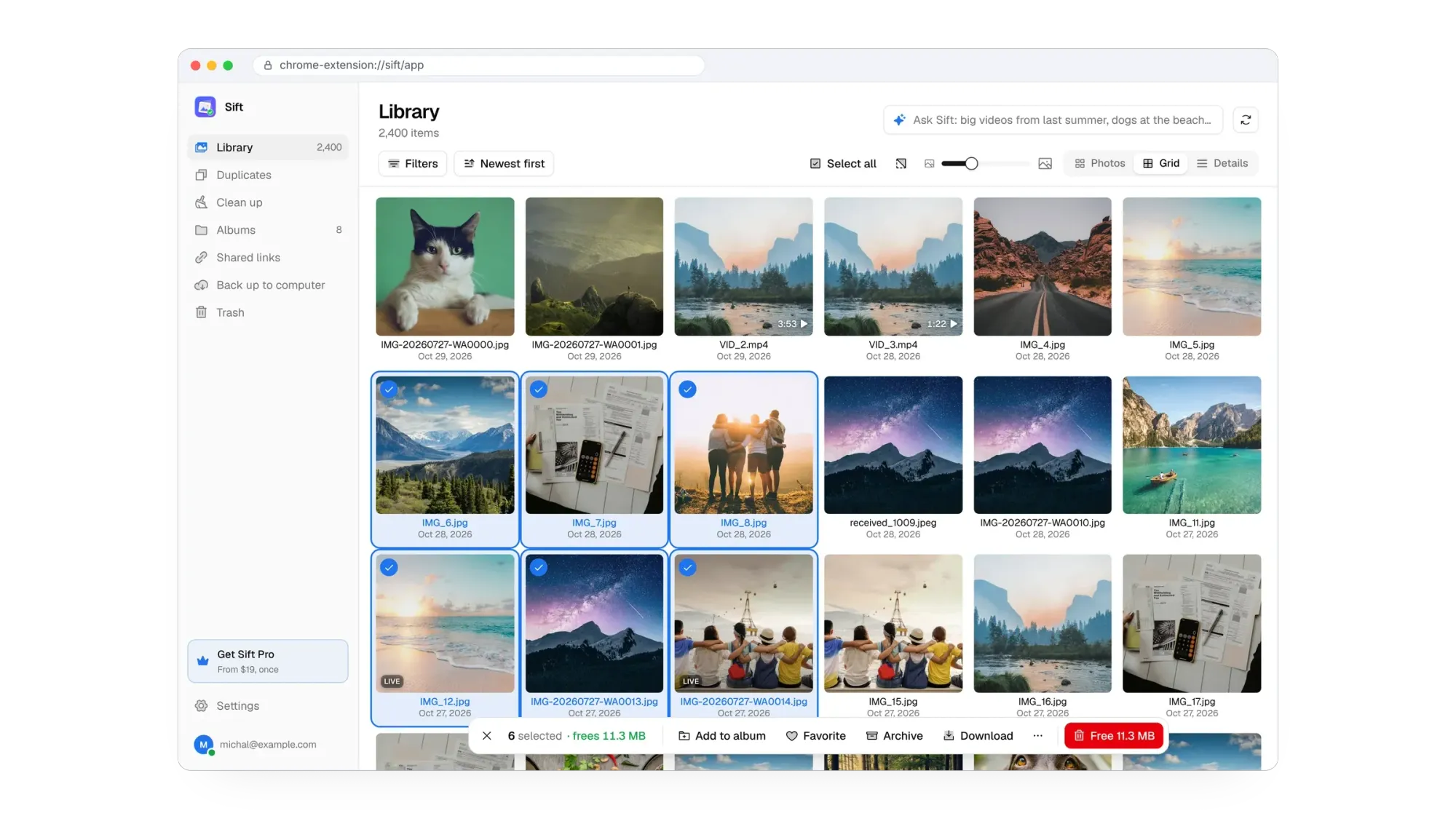 Sift library with six photos selected by dragging a box and a bar showing frees 11.3 MB