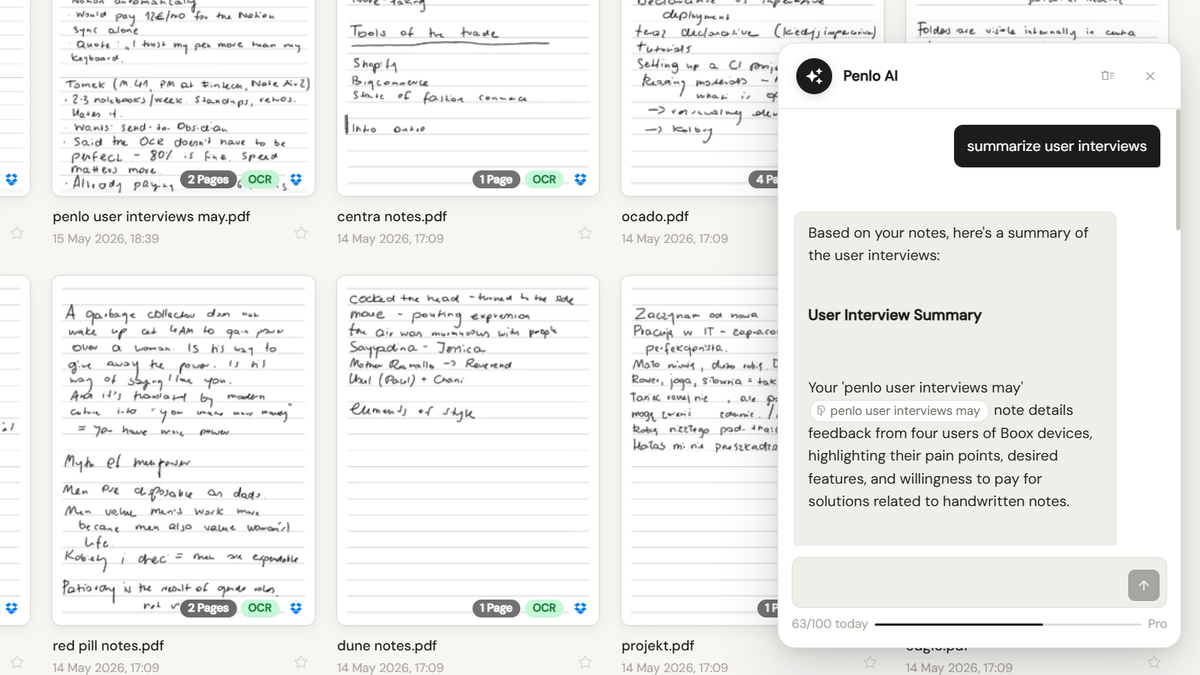 Penlo AI - a chat box surfacing insights about the content of your notes (Onyx, Supernote etc.)