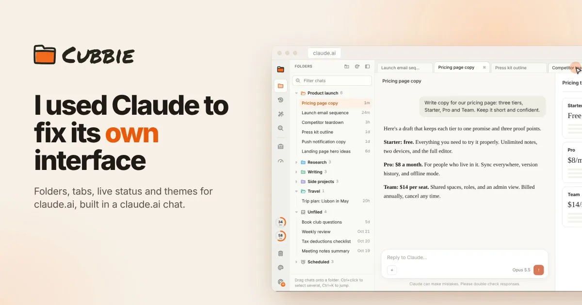 I gave claude.ai the sidebar it was missing. Meet Cubbie